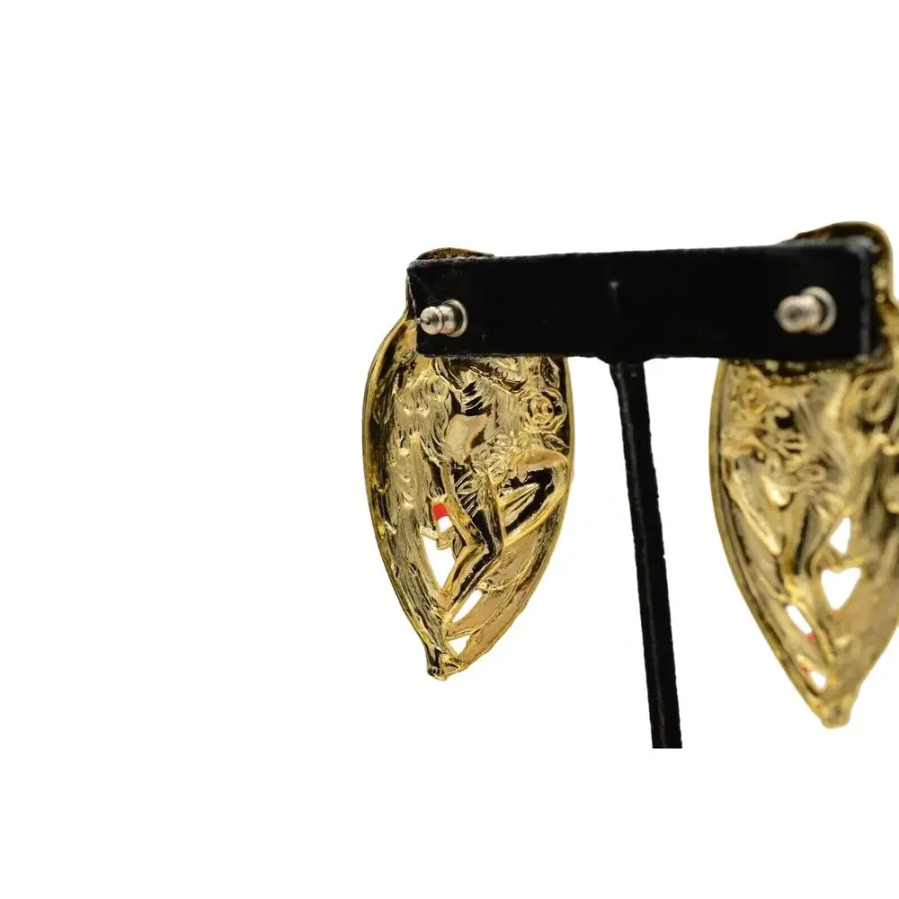 Vintage Abstract Artistic Angel Earrings Red Gold Enamel Metal Chunky NOS 80s 9L